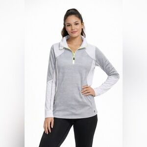 Mondetta Women’s Quarter-Zip Performance Pullover - Gray and White Striped (L)